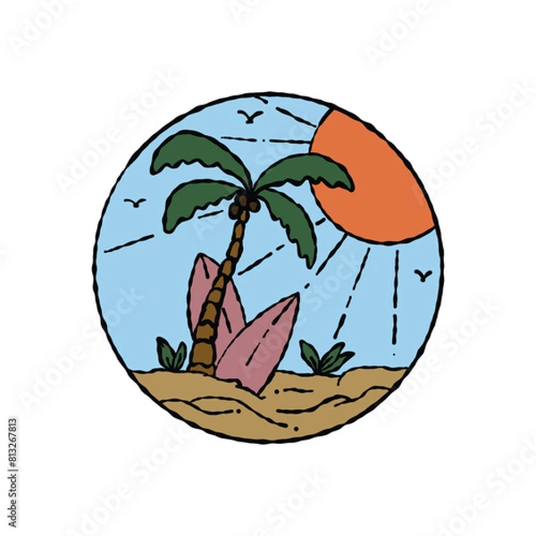 Obraz Summer Paradise Badge Flat Style With Line Art Vector Illustration