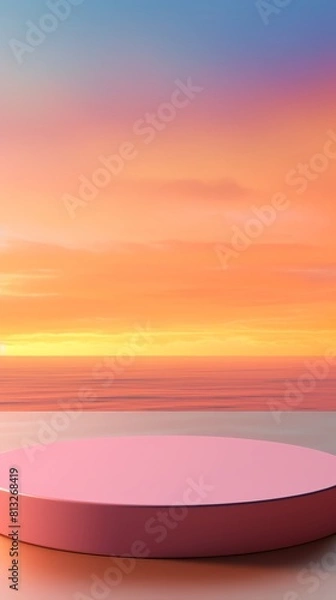 Fototapeta A pink podium with sunset sky and ocean in background.