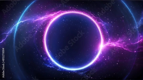 Fototapeta  pink circle light frame on black background. Pink light effects on round placeholder for your text on dark background. A blue glowing circle. For futuristic or technology-themed designs 