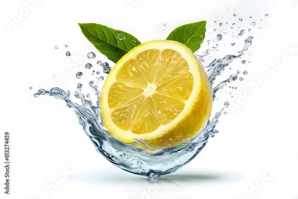 Obraz A vibrant lemon water splash isolated on a white transparent background, PNG format. Featuring lemon fruit slices, leaves, and water splashes, with background water waves and citrus pieces and mint