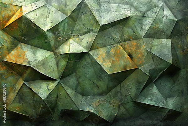 Fototapeta A green and brown abstract painting with a lot of triangles