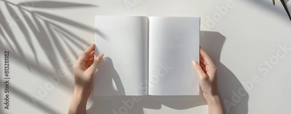 Obraz A woman's hands open an empty white book mockup on a light grey background, in a flat lay with shadows from a window, in the style of a modern minimalist. A4 format for presentation of magazine