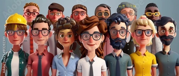 Obraz 3D cartoon illustration of a group of people with different professions, workers and business men or women in a crowd portrait, vector character design, high resolution photography.