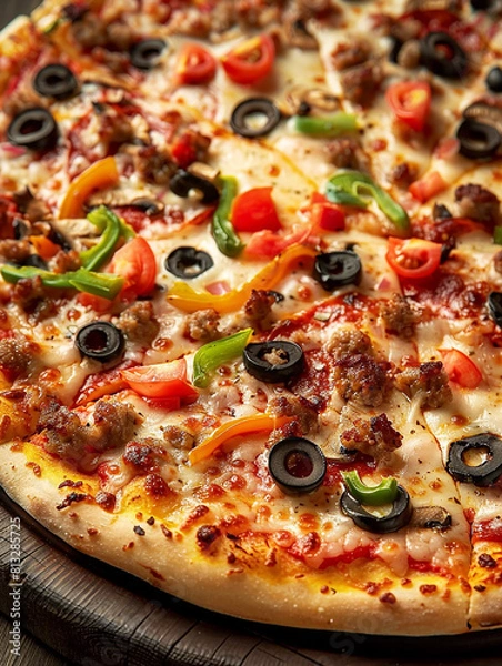 Fototapeta Photo of a slice of pizza , tasty pizza with mushrooms and tomatoes , toppings
