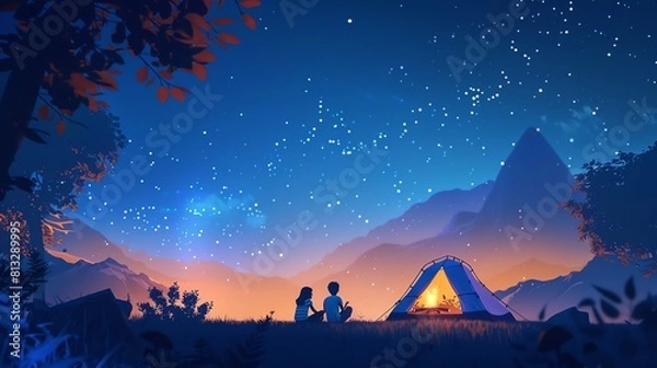 Fototapeta A couple is camping in the mountains. They have set up their tent and are sitting by the campfire, enjoying the view of the starry night sky.