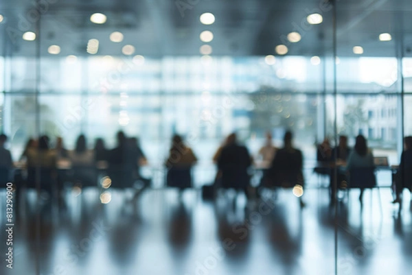 Fototapeta Dynamic Meeting Room Discussion: Diverse Professionals Collaborating in Blurred and Modern Meeting Room, Entire Image Blurred for Copy Space..