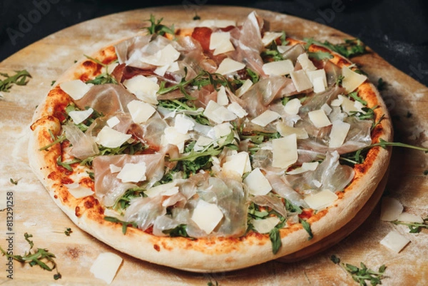 Fototapeta Gastronomic Delight: Pizza With Parmesan Cheese and Arugula