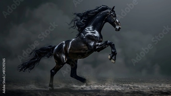 Fototapeta  Captivating 3D artwork depicting a majestic black stallion in a dynamic pose, exuding strength and grace. 
