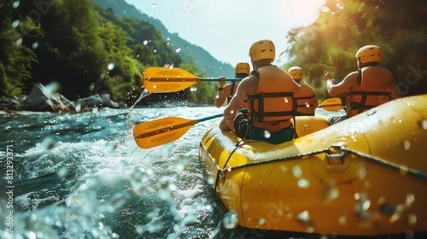 Fototapeta Four people are rafting down a river. They are all wearing life jackets and helmets. The water is rough, and the raft is bouncing up and down.
