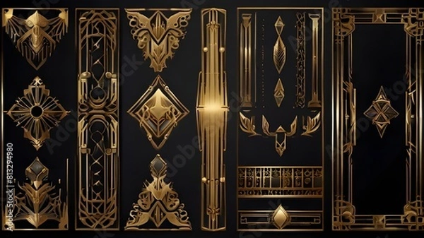 Fototapeta Collection of geometric art deco ornament. Luxury golden decorative elements with different lines, frames, headers, dividers and borders. Set of elegant design suitable for card, invitation, poster