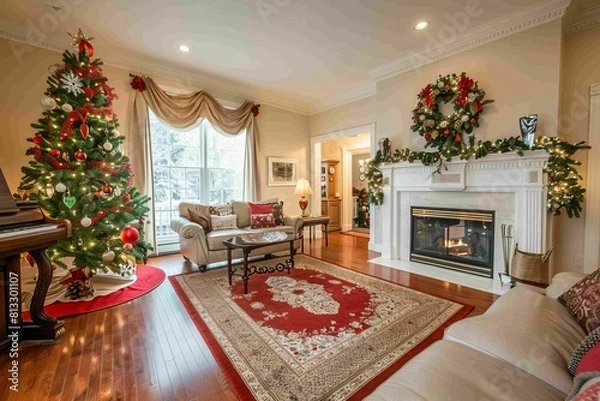 Obraz room with Christmas tree preparation with elegant interior design, generative ai