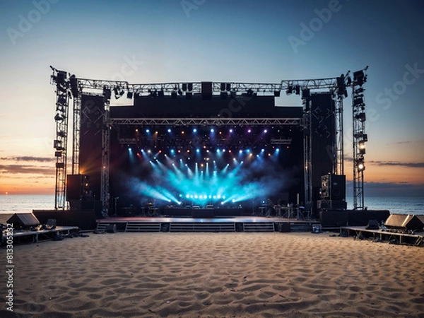 Fototapeta The stage at outdoor beach music festival on a summer evening. An electrifying scene featuring an empty stage for a rock concert, for an epic and energetic performance.