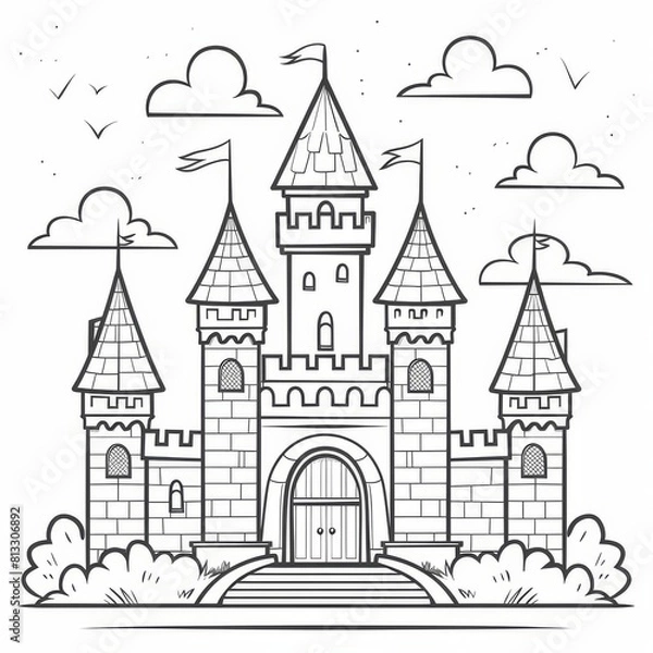 Fototapeta A black and white illustration of a castle for coloring book. A large fairytale castle coloring page. Stress relief and relaxation concept.