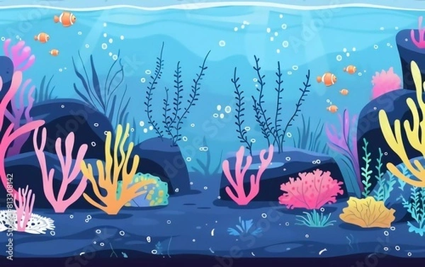 Fototapeta Underwater life at sea or ocean bottom. Exotic undersea world with coral reef, seaweeds and aquatic habitats in depth. Very beautiful colored flat cartoon vector
