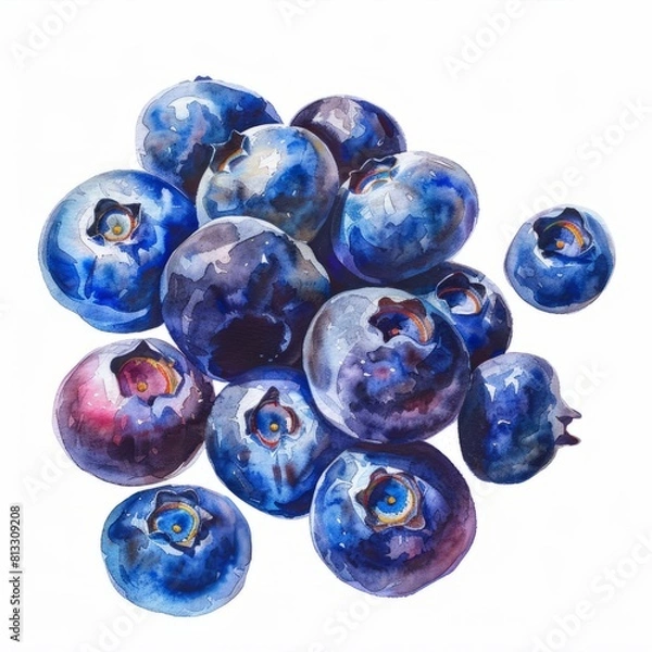 Fototapeta Watercolor painting of a cluster of ripe blueberries with their deep blue-purple hues, on isolated white background, Generative AI