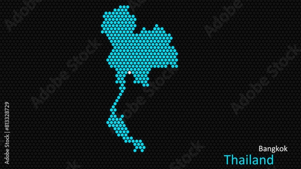 Fototapeta A map of Thailand, with a dark background and the country's outline in the shape of a colored hexagon, centered around the capital. A simple sketch of the country