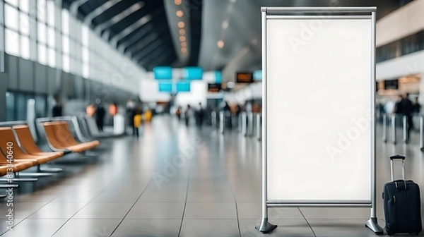 Obraz A mockup poster empty, stands within an airport setting , blurred background , showcasing a wide banner design featuring ample blank .space for your content design.
