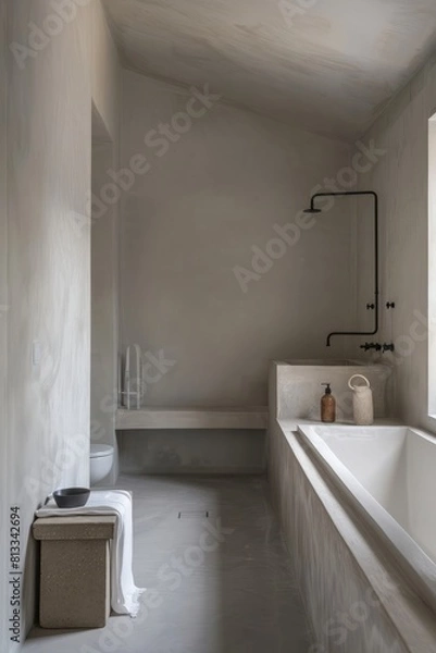 Obraz A tranquil bathroom with minimalist fixtures, clean lines, and a spacious shower area, providing a calming space, Generative AI