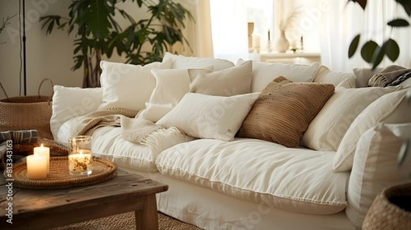 Fototapeta Cozy Scandinavian Inspired Boho Living Room with Plush Sofa and Natural Accents
