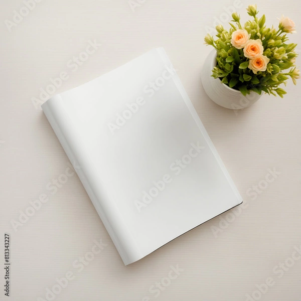 Fototapeta A white notebook sits on a table next to a vase with flowers