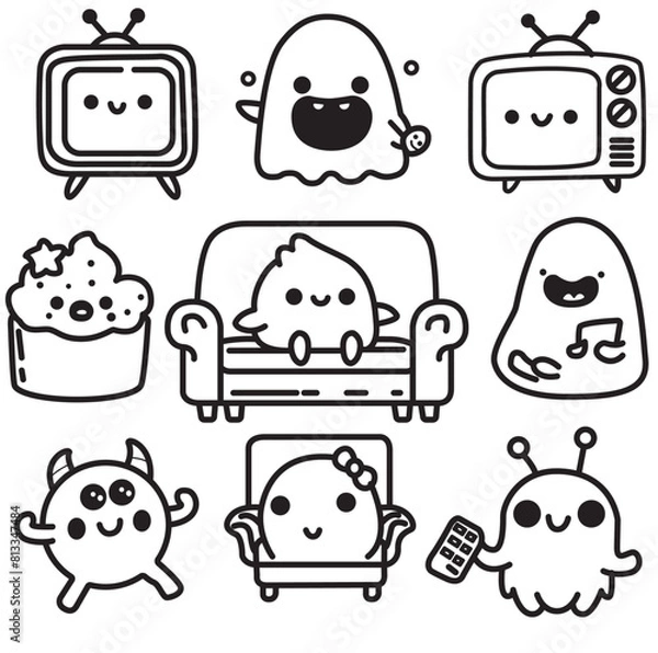Obraz Set icon doodle Collection V1. Hand Draw Illustration. Cute Character Sticker Design. Digital Line Art Print.