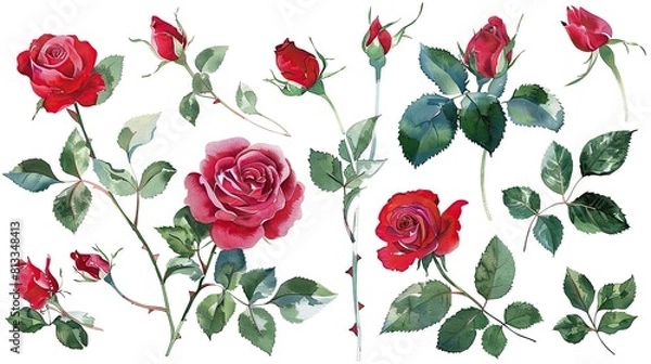 Obraz flower and leaves with watercolor assets on a white background,flower and nature motifs