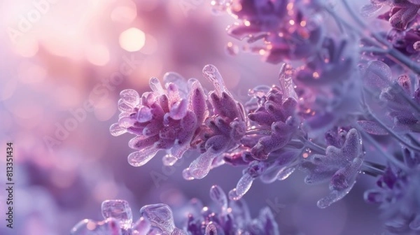 Fototapeta Lavender Amidst Frost: Macro perspective reveals delicate cracks in lavender blooms amidst icy frost.