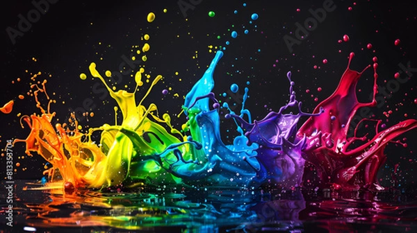 Fototapeta Colorful paint splashes isolated on black background, abstract background, The dynamic interplay of colors and textures produces visually striking compositions, Abstract Colorful Paint Ink Explode