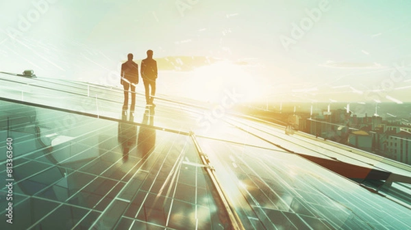 Obraz Workers on roof with solar panels and city view. Alternative energy.