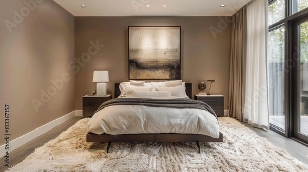 Fototapeta Comfy king size bed with soft pillows and warm blanket in the middle of the room with shaggy carpet on the floor and big windows with curtains on the right side.
