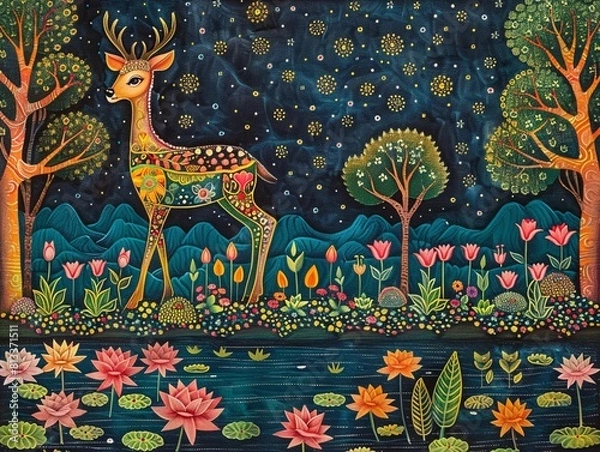 Fototapeta Traditional Madhubani Bharni style painting of a deer, serene and heartfelt, under a starry night sky with a forest lake and lotuses