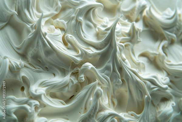 Fototapeta Abstract white chocolate cream swirl on white background, resembling delicate meringue or satin fabric with liquid texture, a sweet art piece for dessert