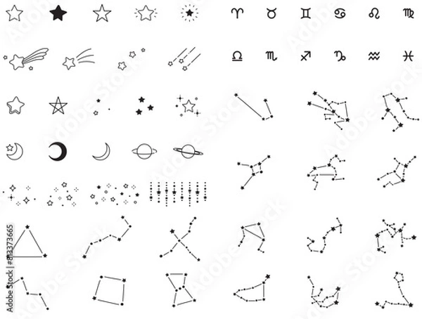 Obraz ふんわりかわいい星や星座のあしらいセット・白黒