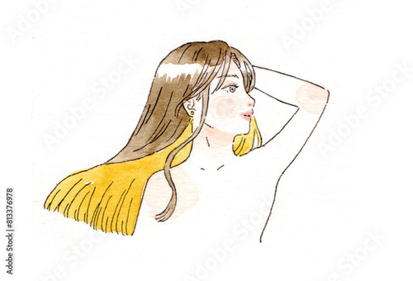 Fototapeta アナログ透明水彩イラスト　インナーカラーを入れたロングヘアーの女性のイラストレーション