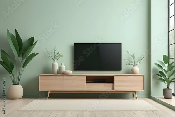 Fototapeta Minimalist living room interior with display tv on Wooden cabinet and floor. green wall. Generative ai