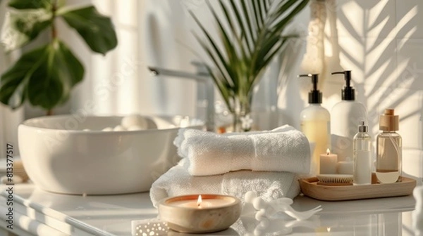 Fototapeta  A serene spa setting in a white bathroom, featuring neatly arranged towels and an assortment of cosmetics