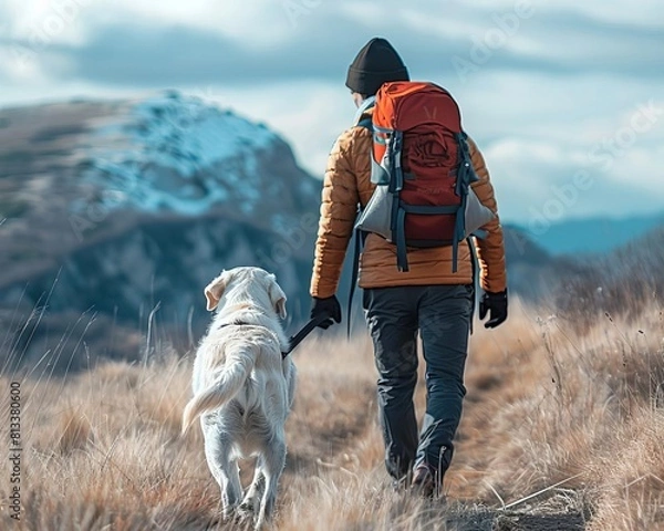 Fototapeta A blind dog hiking with its owner, enjoying nature despite its disability