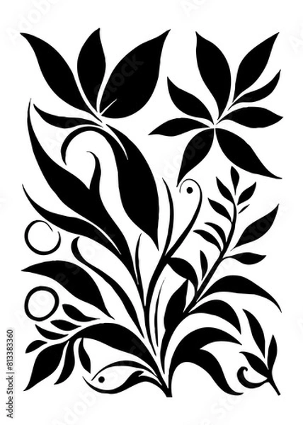 Fototapeta Botanical black and white pattern. Abstract plant shapes. Minimalist illustration for printing on wall decorations, for use in graphics, for tattoos. Generated by Ai