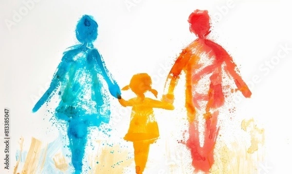 Fototapeta Abstract colorful silhouette of family walking in dynamic paint splashes