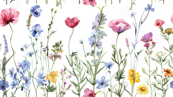 Fototapeta Vibrant seamless pattern featuring a variety of watercolor wildflowers on a white background, perfect for textiles and wallpapers.