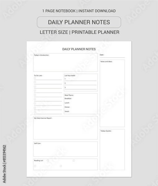 Obraz Daily Planner Notes | Daily Planner Notebook | Daily Planner Workbook | Daily Planner Log Book | Notebook Printable Planner | Letter Size
