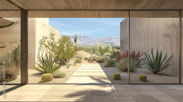 Fototapeta Cubic house with panoramic sliding doors that open to a minimalist desert landscape with native plants.