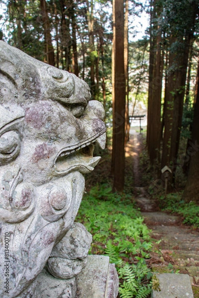 Fototapeta 山門へと続く階段をを見守る狛犬の像のアップ