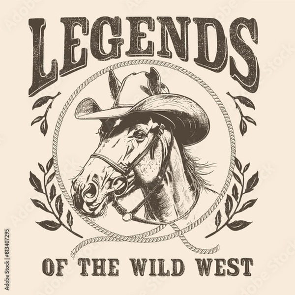 Fototapeta Legends of the wild west.Wild west poster design depicting a horse in a cowboy hat in the form of a sketch.
