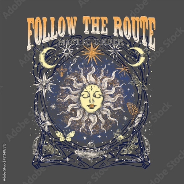 Obraz Follow the route.Retro 70's psychedelic hippie element illustration print with groovy slogan for man - woman graphic tee t shirt or sticker poster - Vector