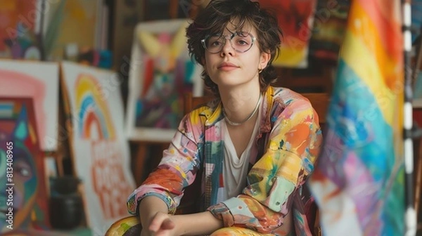 Fototapeta A portrait of a genderqueer artist in their studio, surrounded by their colorful and expressive artworks, with a pride flag draped over the chair