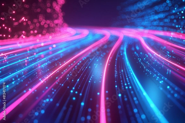 Fototapeta 3d rendering, abstract neon background with ascending pink blue red glowing lines, light beam Fantastic wallpaper with colorful laser rays 