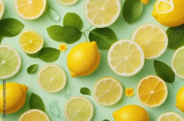 Fototapeta A slices of fresh yellow lemon texture background pattern. Lemon pieces in different sizes background. Texture formed by citrus pieces.