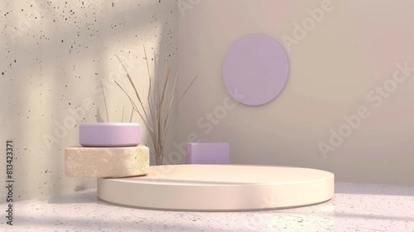 Fototapeta Elegant Purple and White Podium, Perfect for High-End Skincare and Beauty Treatment Product Displays in a Luxurious 3D Cosmetic Background