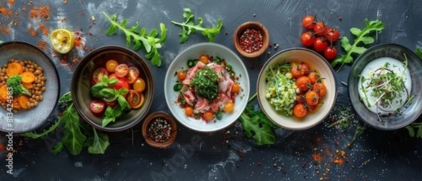 Fototapeta cooking, food, farmtotable concepts, top view, sustainable dining, advanced tone, Monochromatic Color Scheme